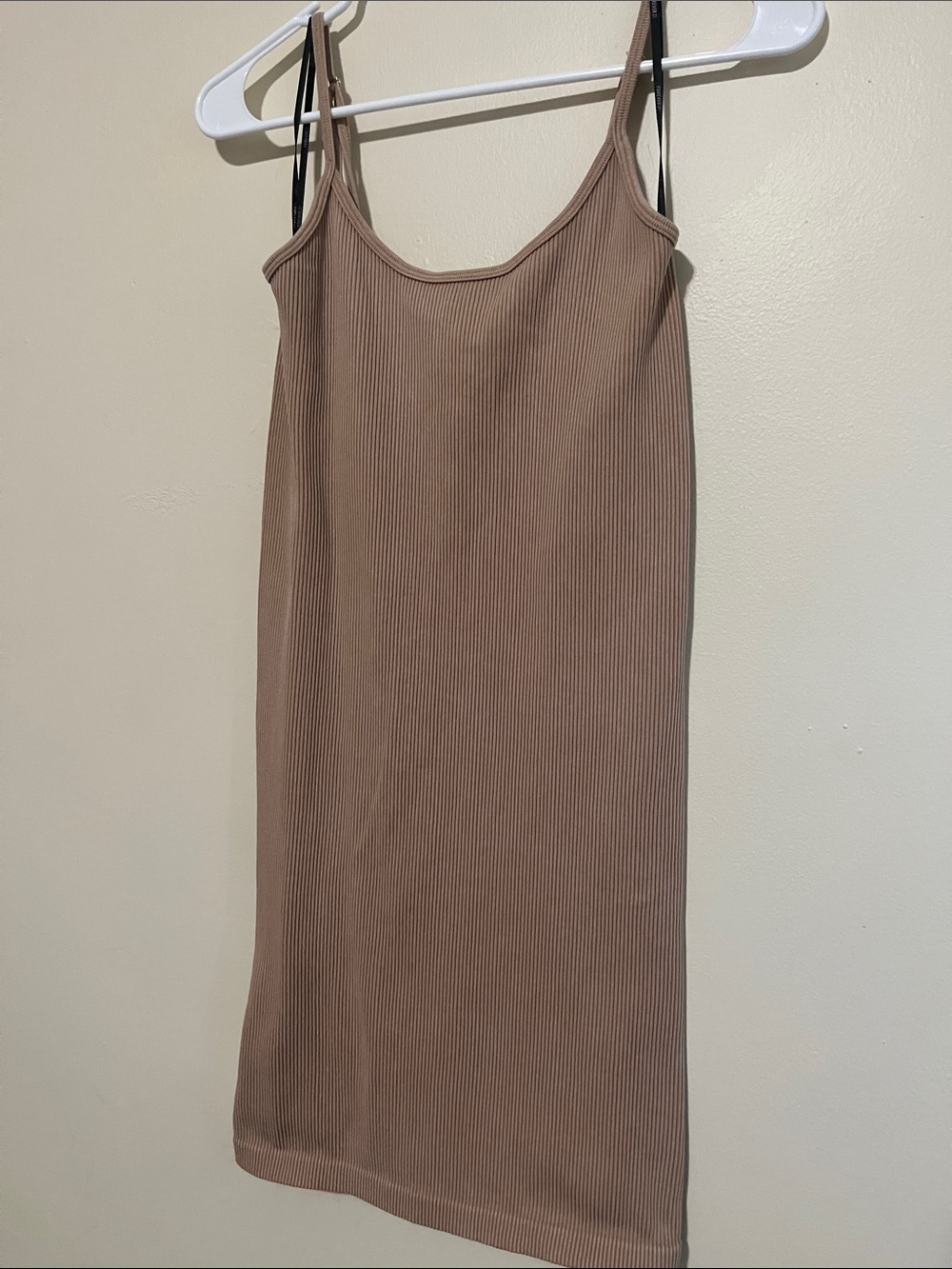 Ribbed Spaghetti Strap Slip Dress in Light Brown